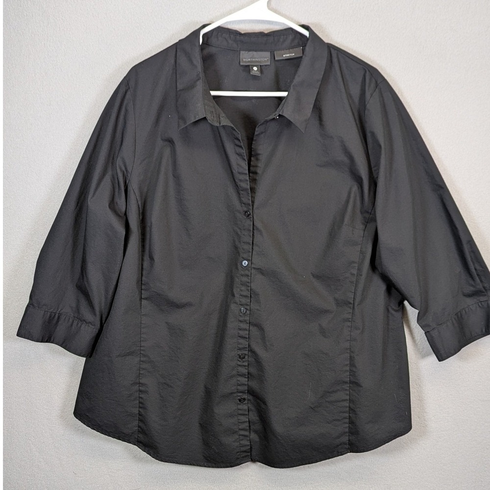 Worthington Womens 2X Black Stretch Button Down 3/4 Sleeve Shirt 72613-3 - Picture 1 of 7